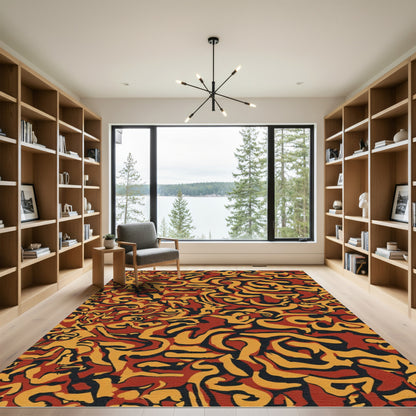 Abstract Ochre Black Crimson Swirl Rug