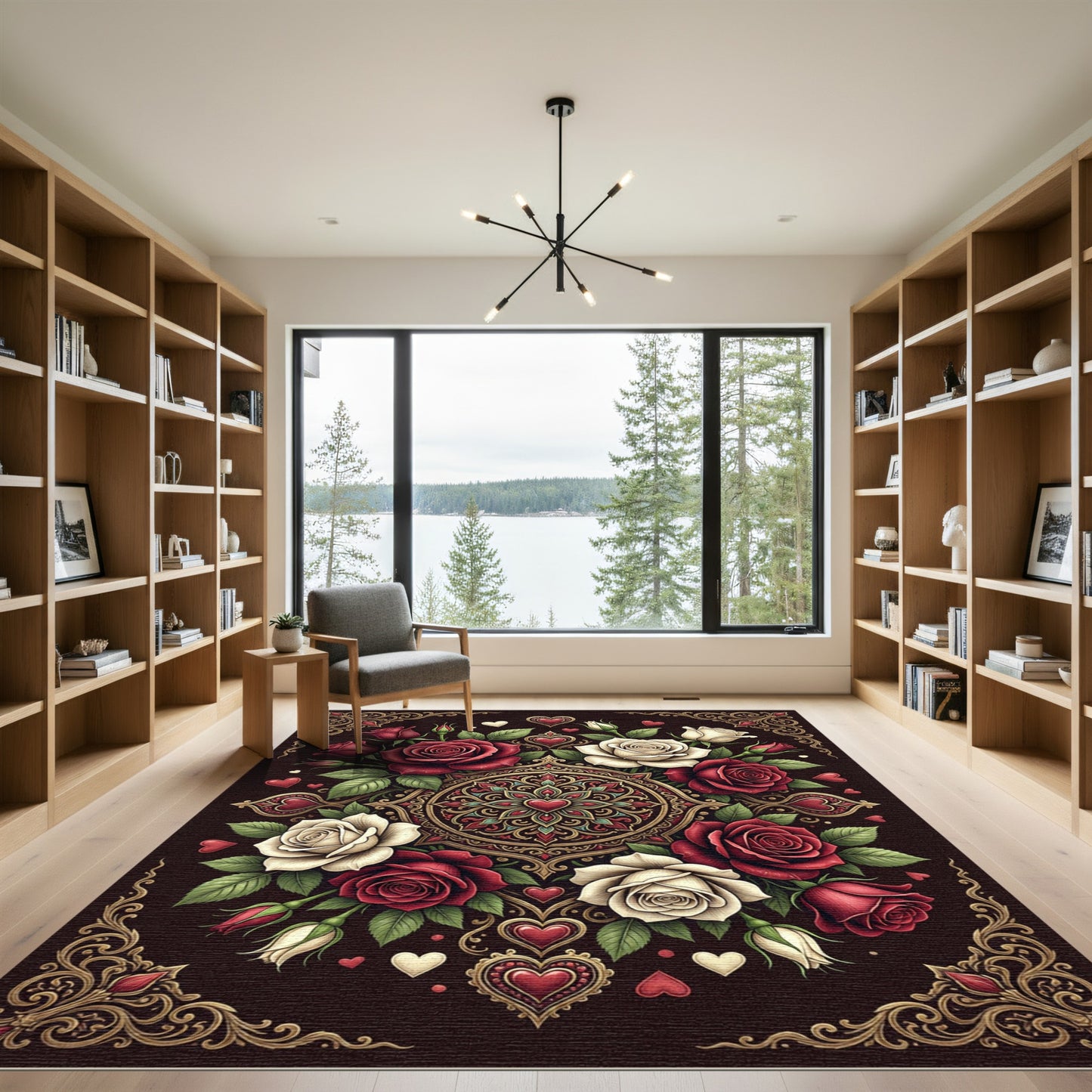 Romantic Red and White Rose Medallion Rug