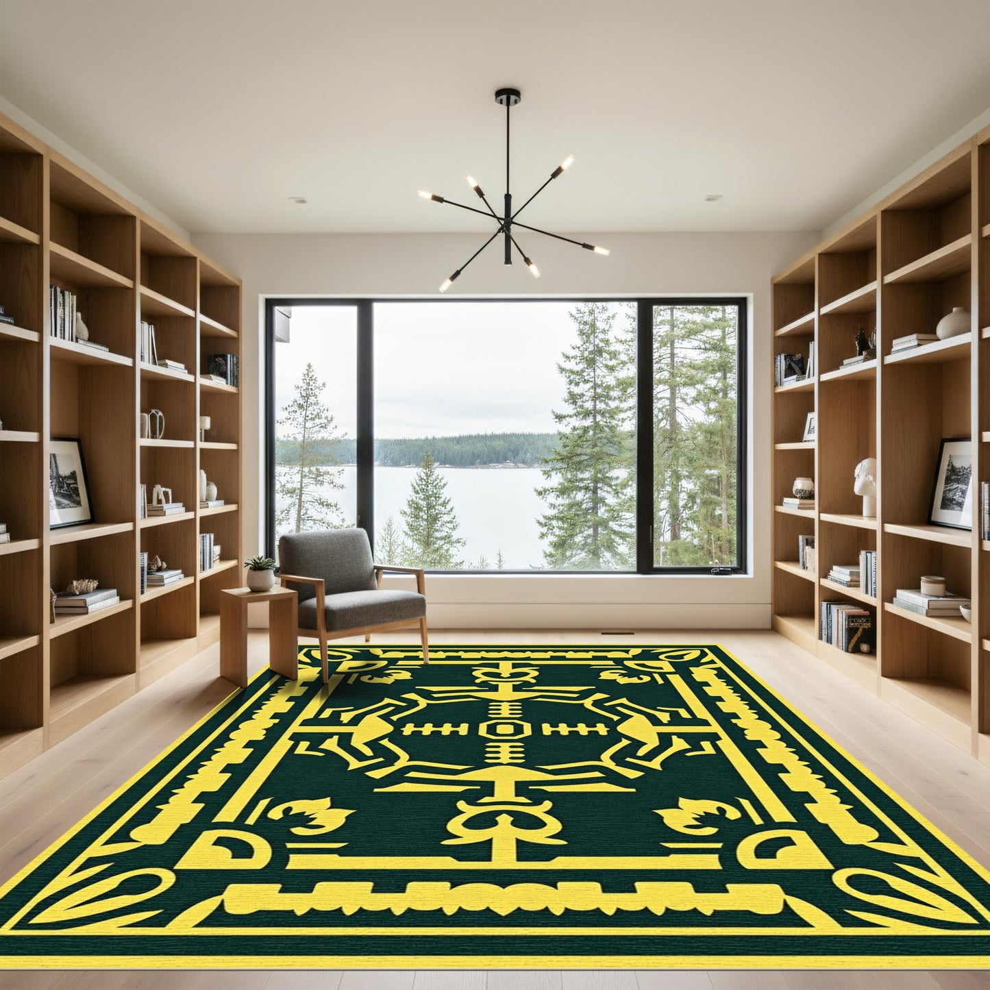 Bold yellow symbolic medallion dark green Rug