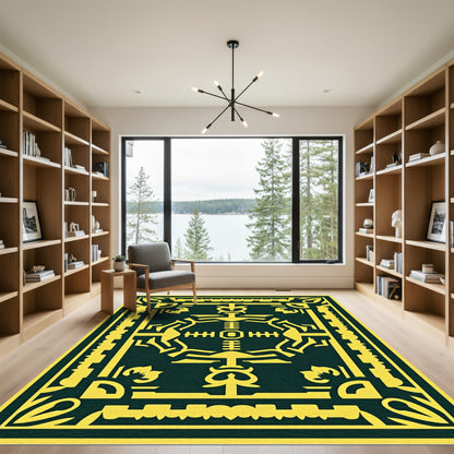 Bold yellow symbolic medallion dark green Rug