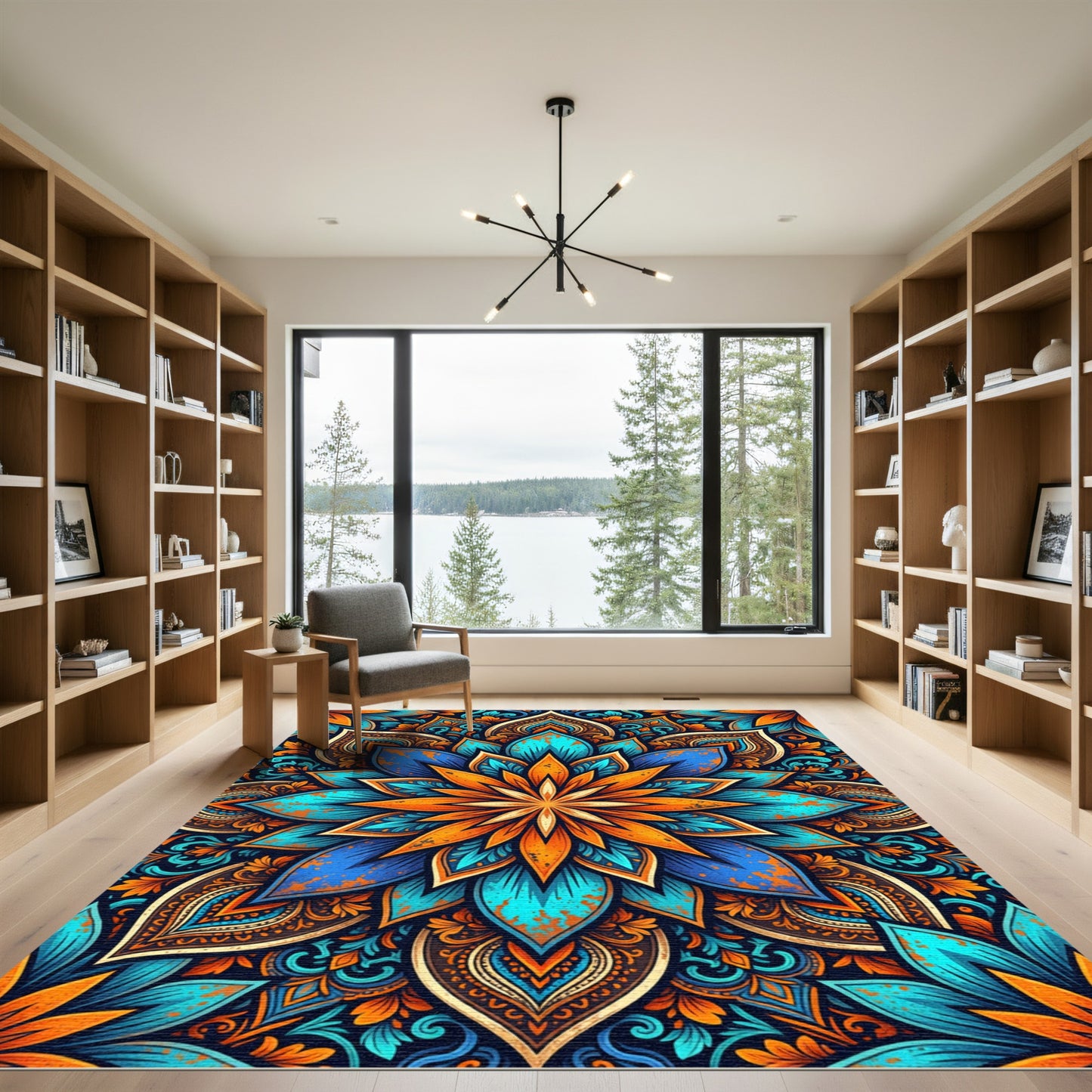 Vibrant Tangerine and Azure Floral Mandala Rug