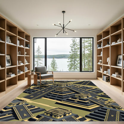 Isometric Black and Golden Step Pyramid Rug