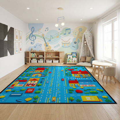 Playful Colorful Village Street Scene Rug