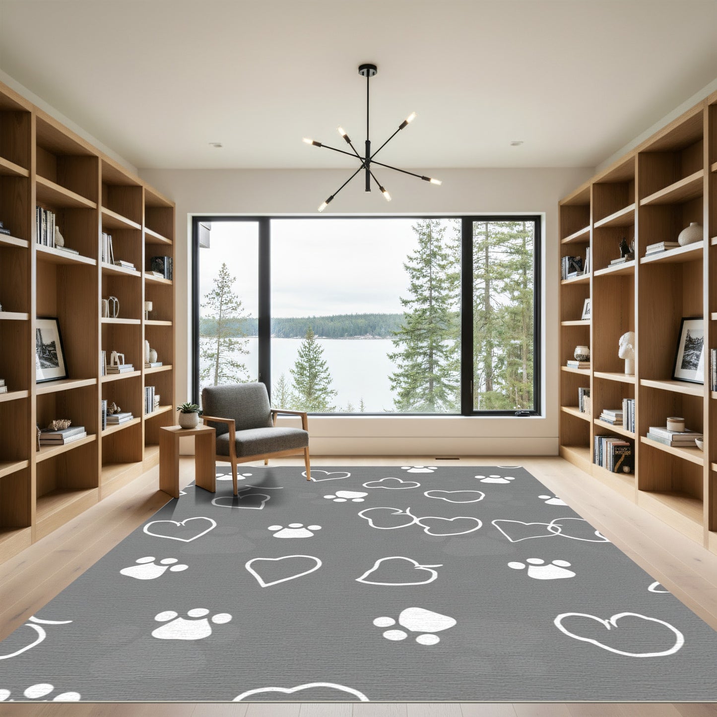 White Hearts and Paws Grey Rug