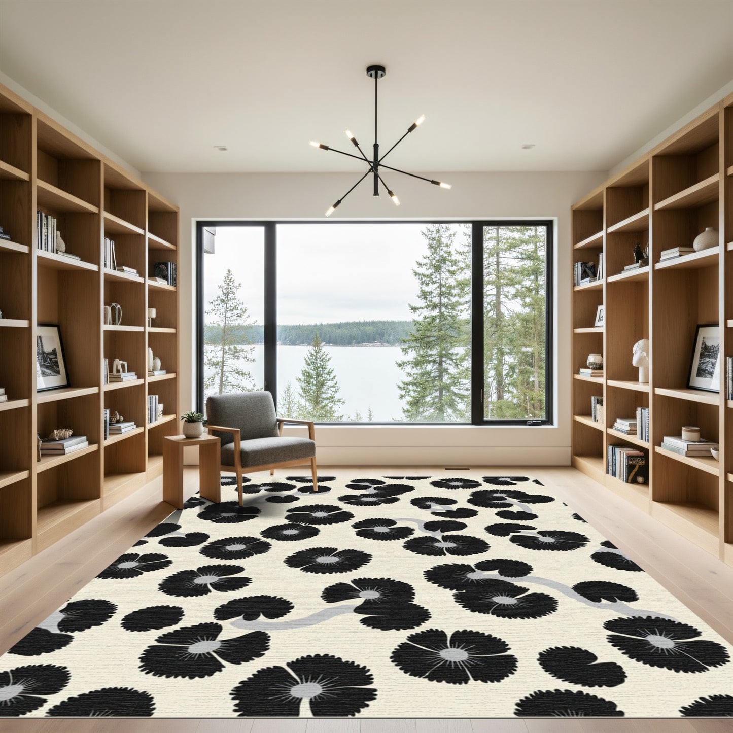 Black Floral Branches Cream Background Rug