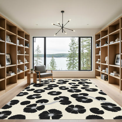 Black Floral Branches Cream Background Rug