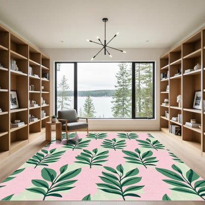 Green Leafy Branches Pink Background Rug