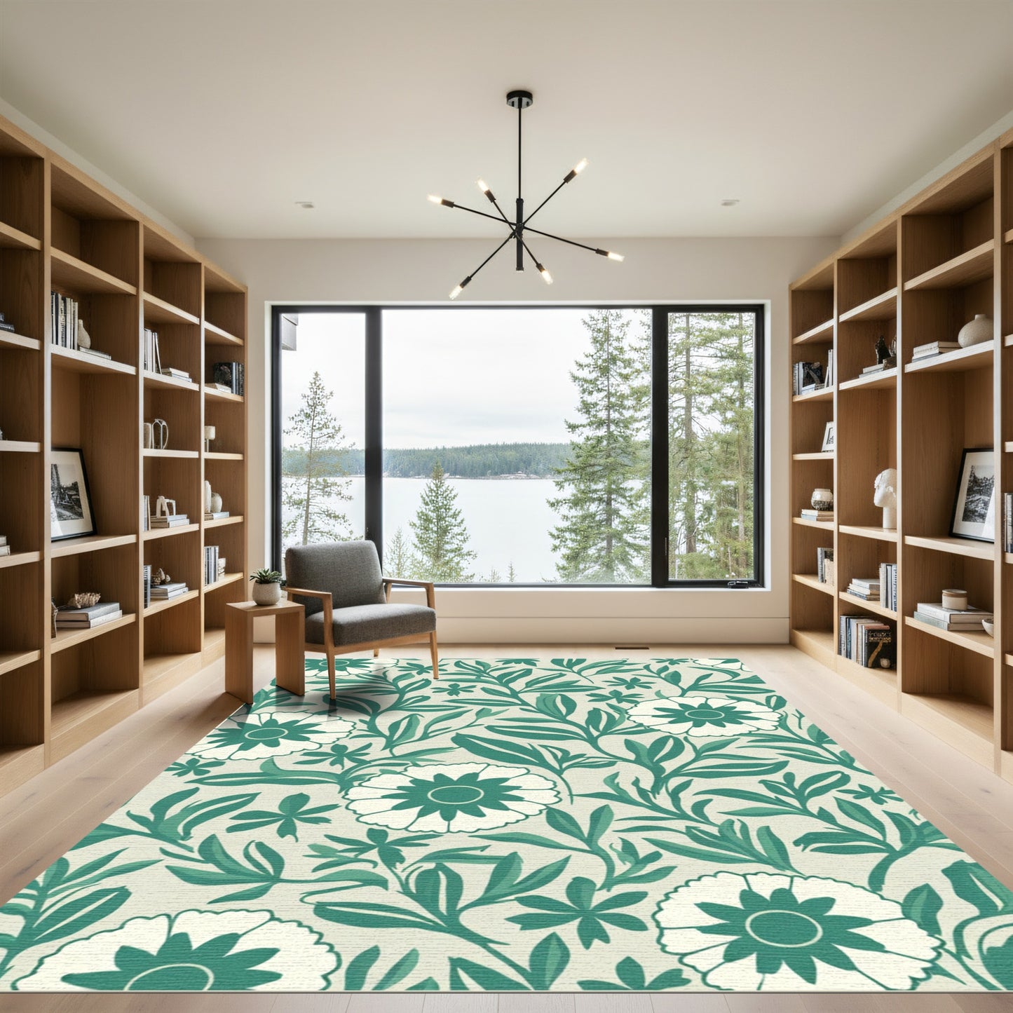 Teal Floral Vine Cream Background Rug
