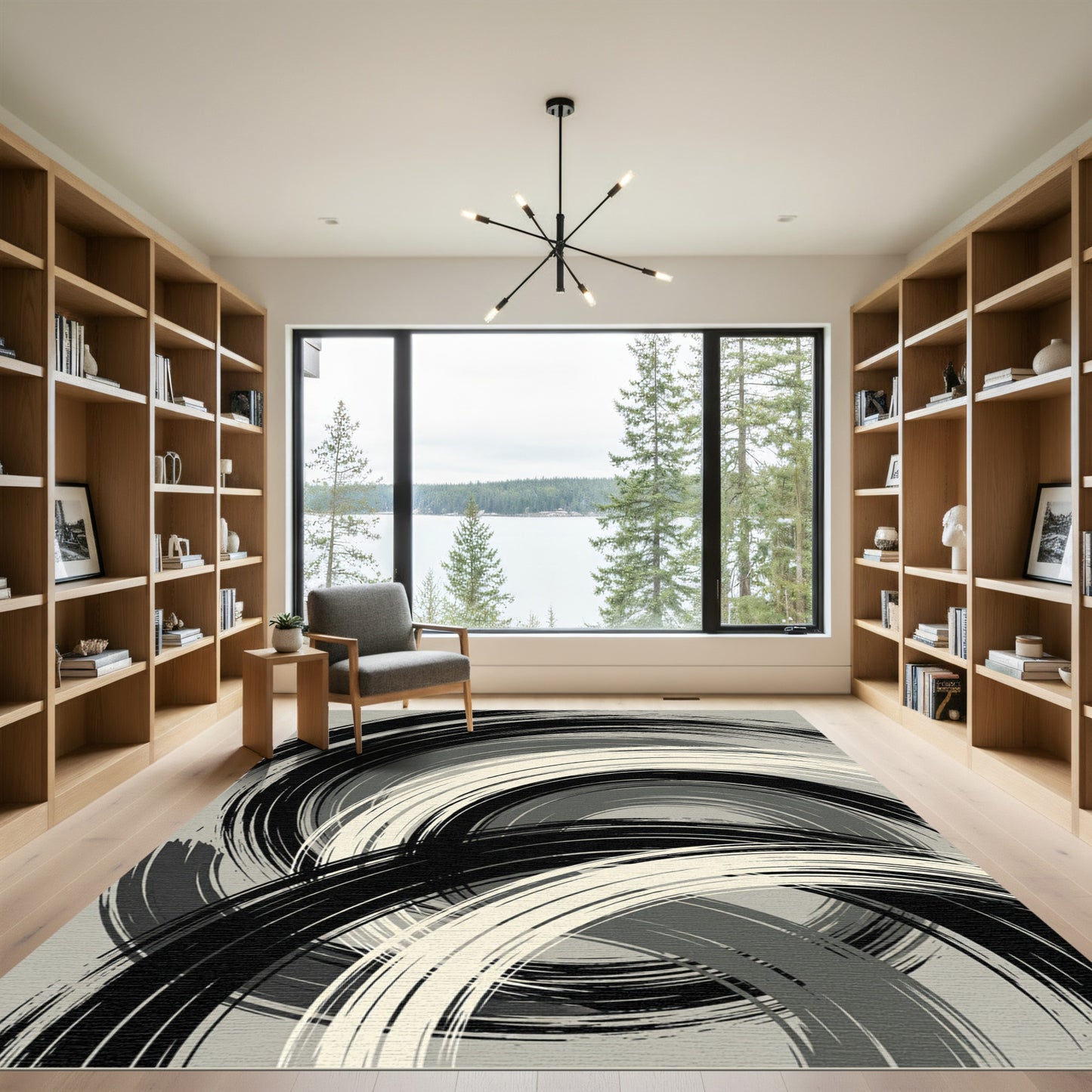 Monochromatic Abstract Brushstroke Swirl Rug