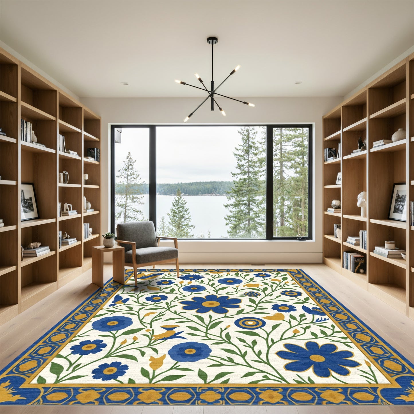 Midnight Blue Floral Bird Garden Rug