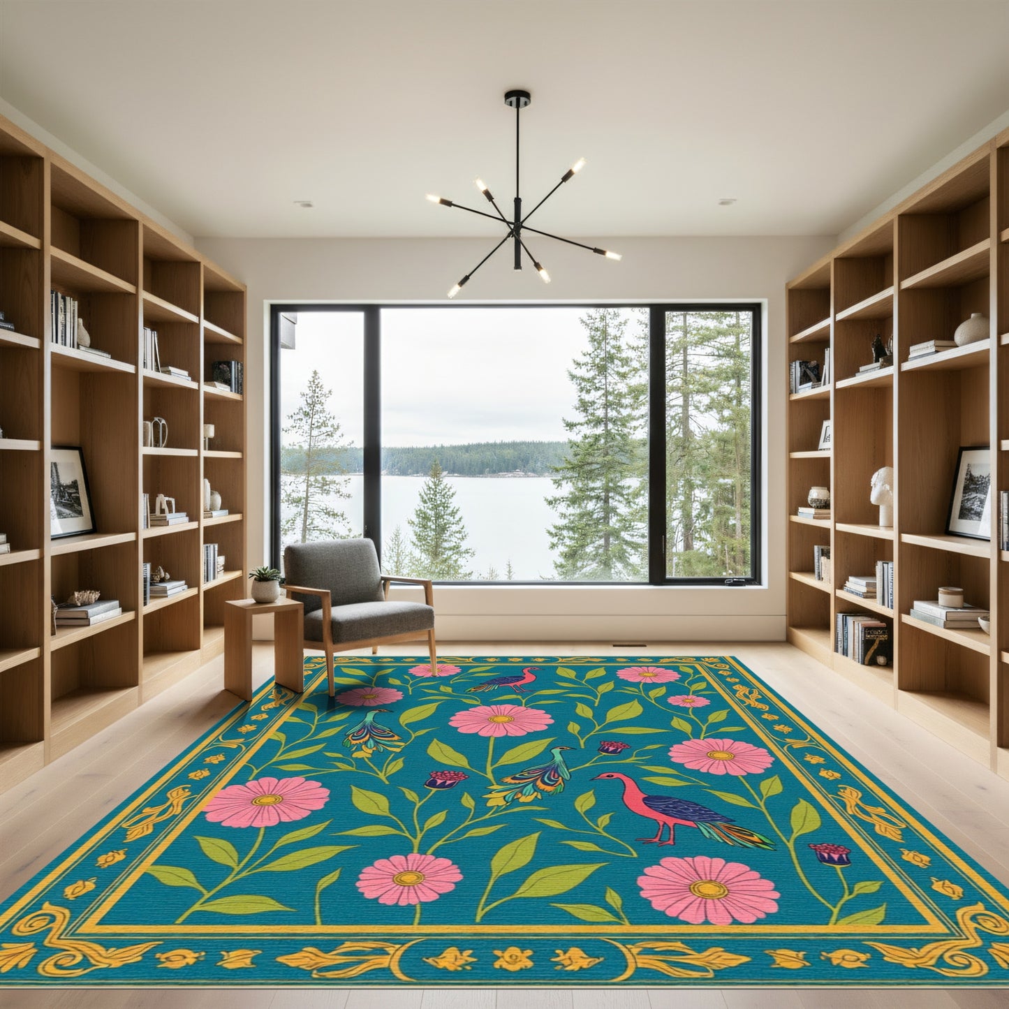 Teal Pink Floral Peacock Garden Rug