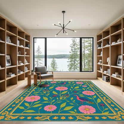 Teal Pink Floral Peacock Garden Rug