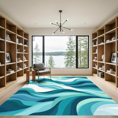 Aqua Blue Ocean Wave Abstract Rug