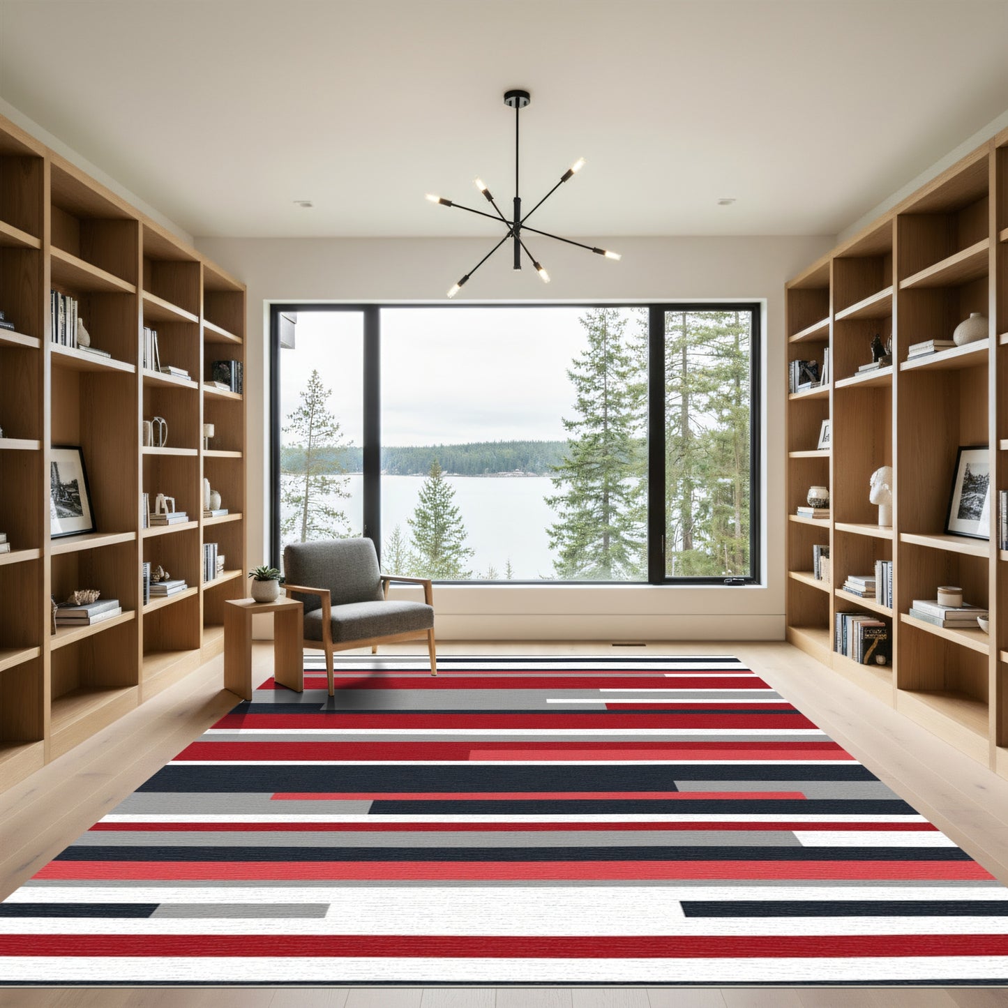 Modern Red Gray Horizontal Stripe Rug