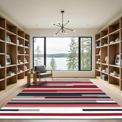 Modern Red Gray Horizontal Stripe Rug