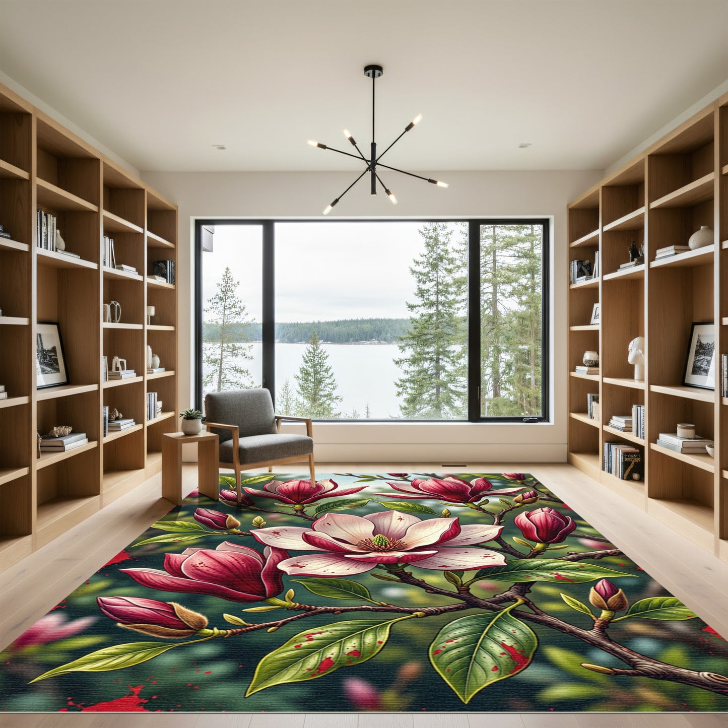 Elegant Pink Magnolia Blossoms Branch Rug