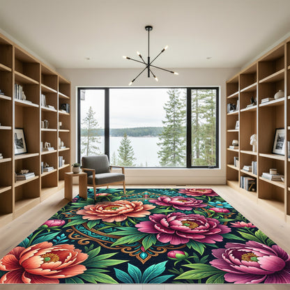 Vibrant Floral Peony Medallion Rug