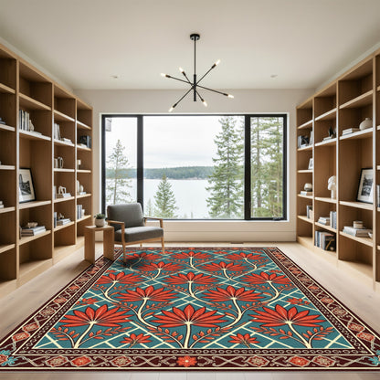 Red Floral Teal Lattice Border Rug