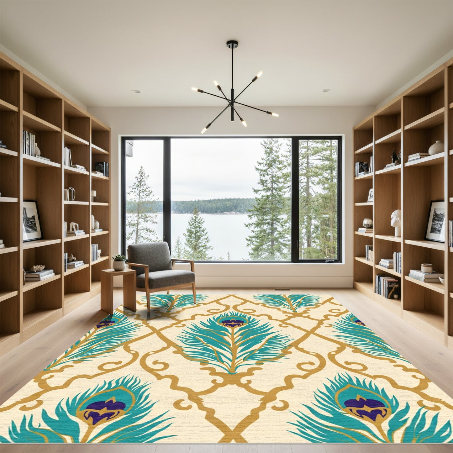 Gold Teal Peacock Feather Trellis Rug
