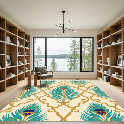 Gold Teal Peacock Feather Trellis Rug