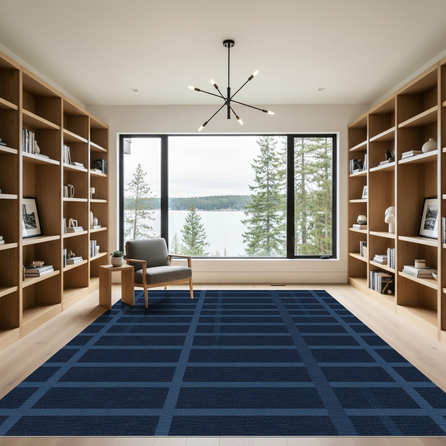 Deep Blue Geometric Grid Rug
