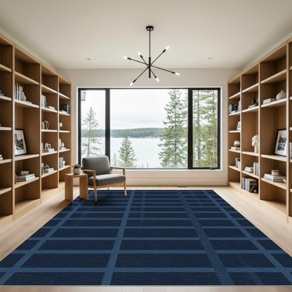 Deep Blue Geometric Grid Rug