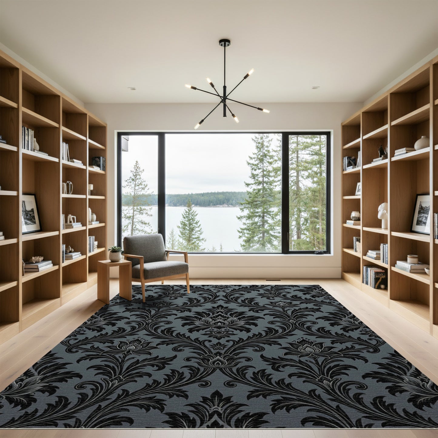 Elegant Black Damask Charcoal Scroll Rug