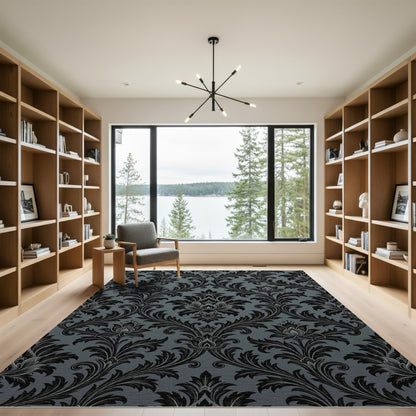 Elegant Black Damask Charcoal Scroll Rug