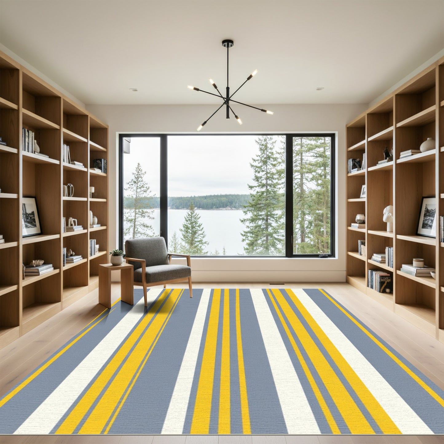 Modern Yellow Blue Stripe Composition Rug