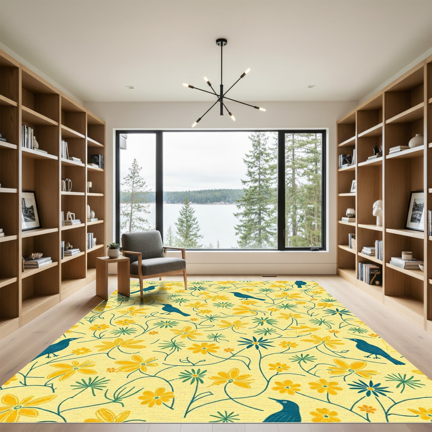 Yellow Blue Bird Floral Vine Rug