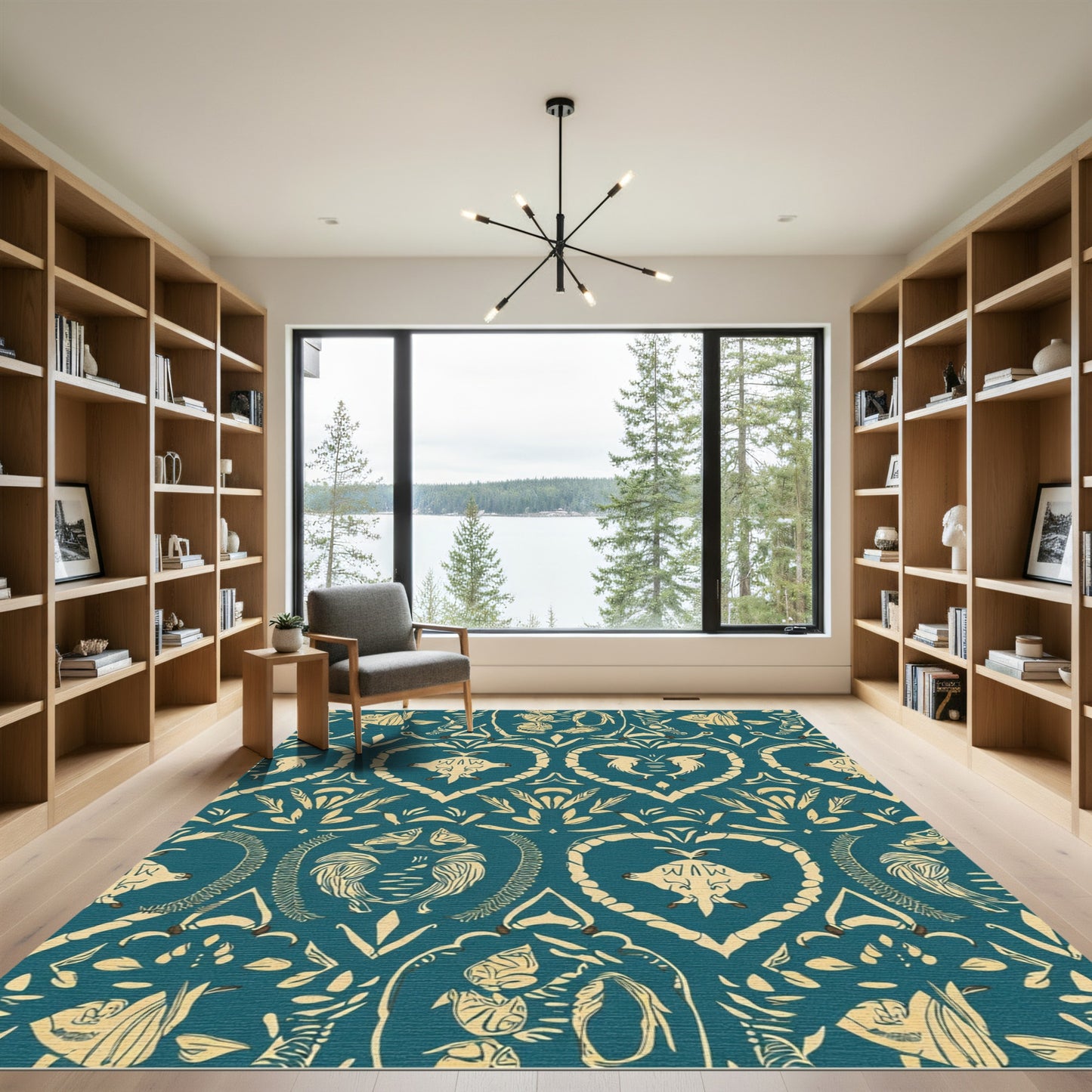 Teal Golden Heart Animal Damask Rug