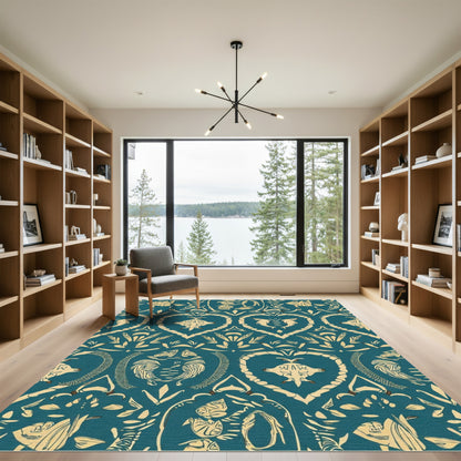 Teal Golden Heart Animal Damask Rug