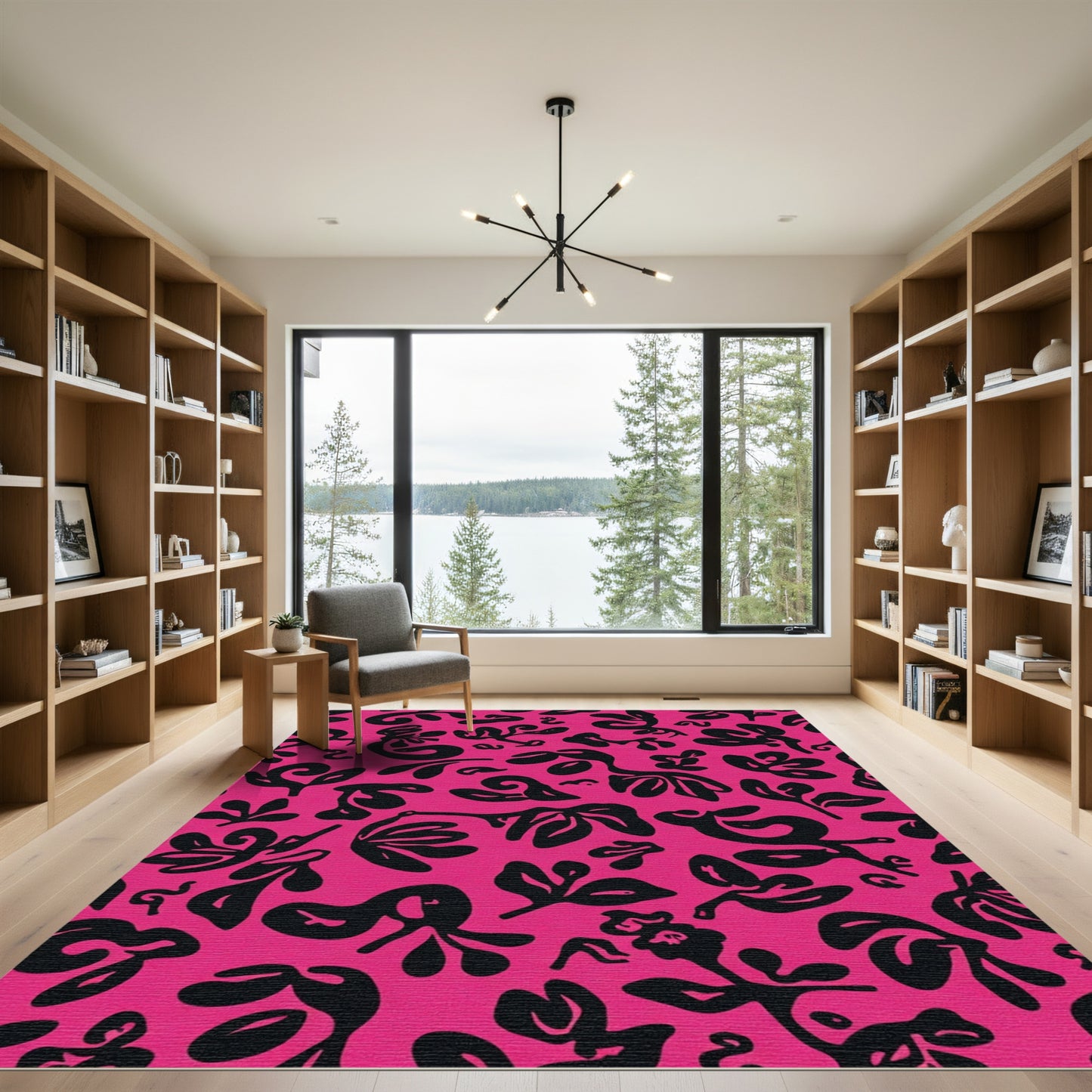 Hot Pink Black Abstract Botanicals Rug