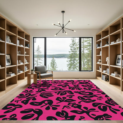 Hot Pink Black Abstract Botanicals Rug