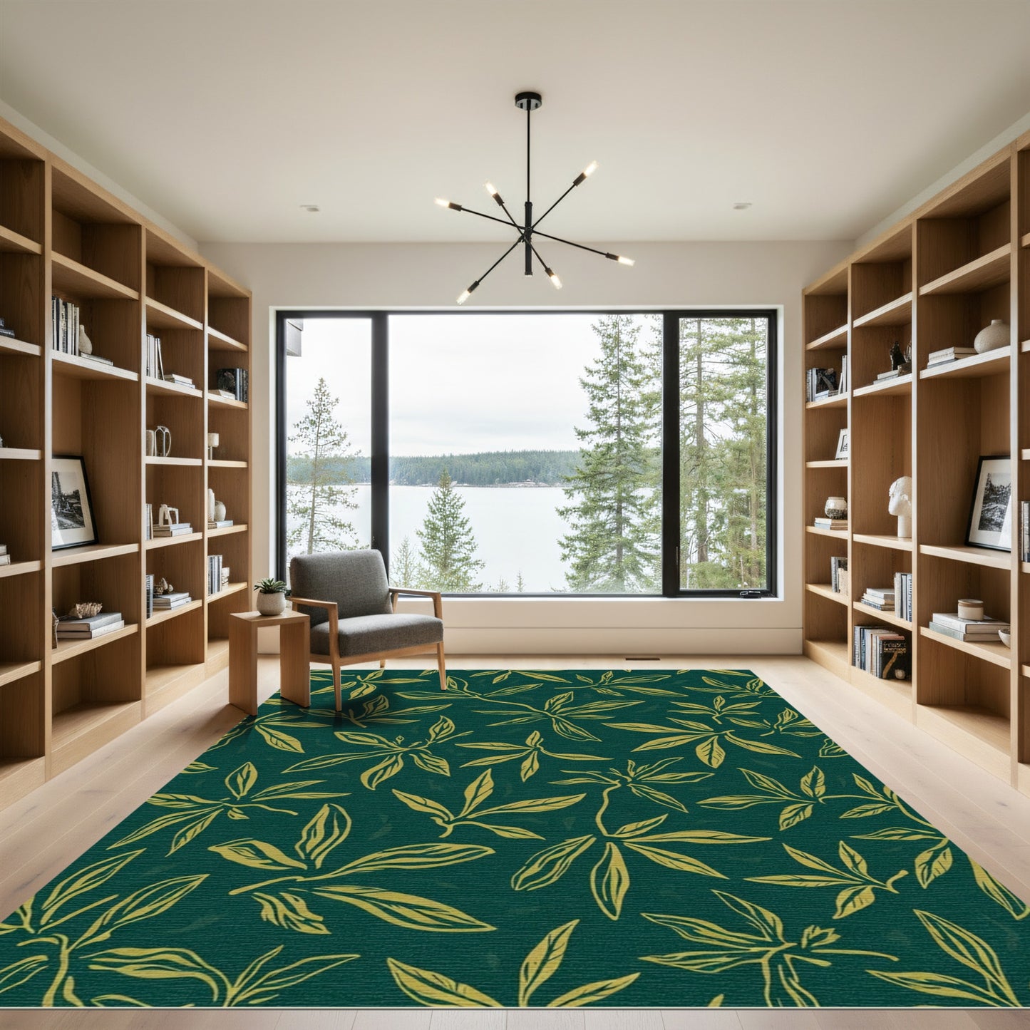 Deep Emerald Golden Leaf Branches Rug