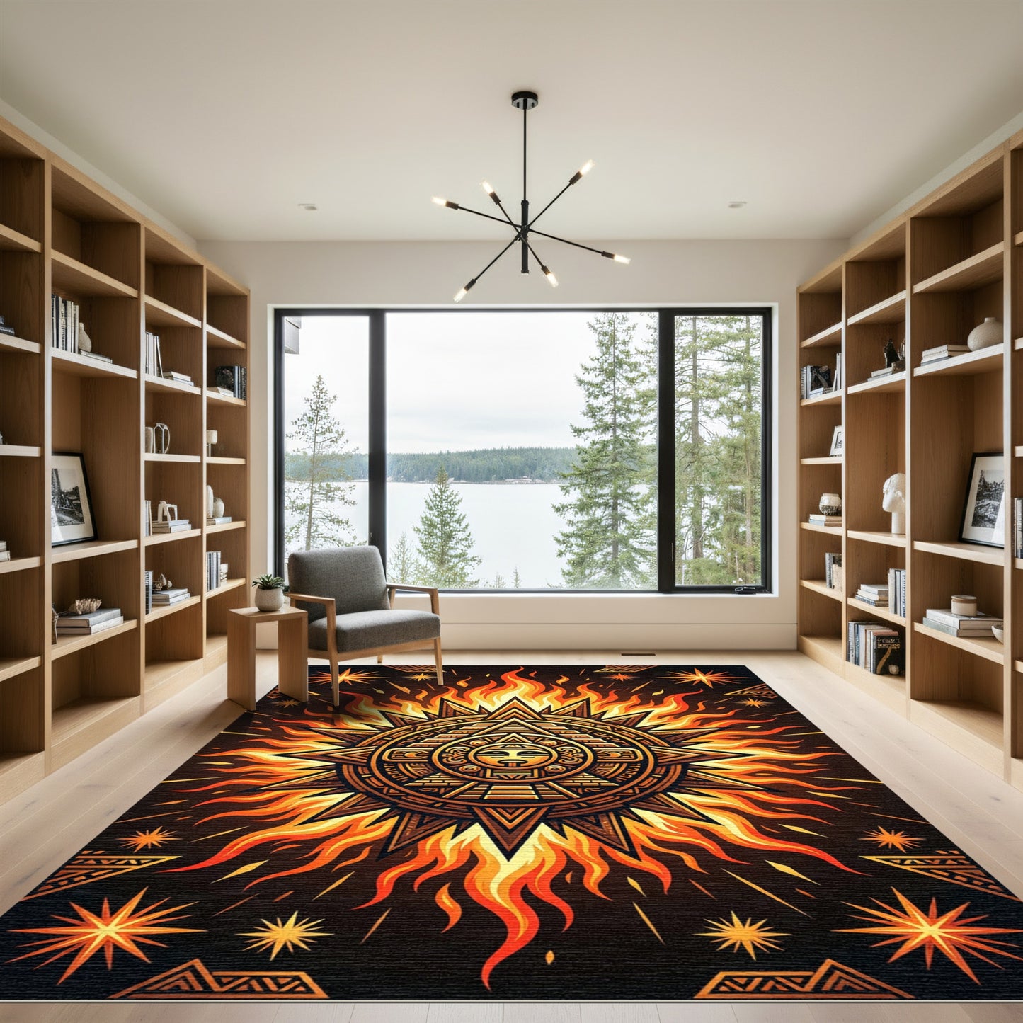 Fiery Aztec Sun Temple Gold Illustration Rug