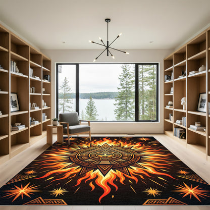 Fiery Aztec Sun Temple Gold Illustration Rug