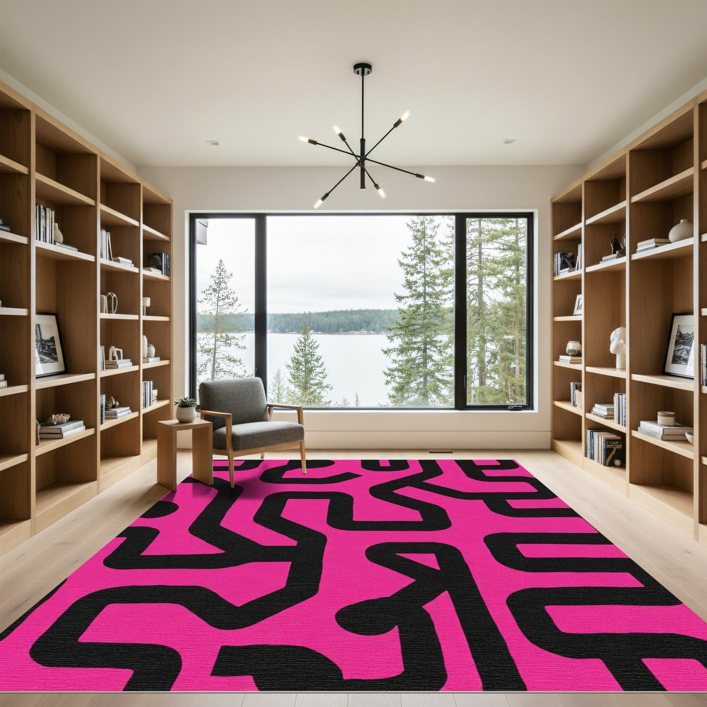 Hot Pink Maze Labyrinth Line Art Rug
