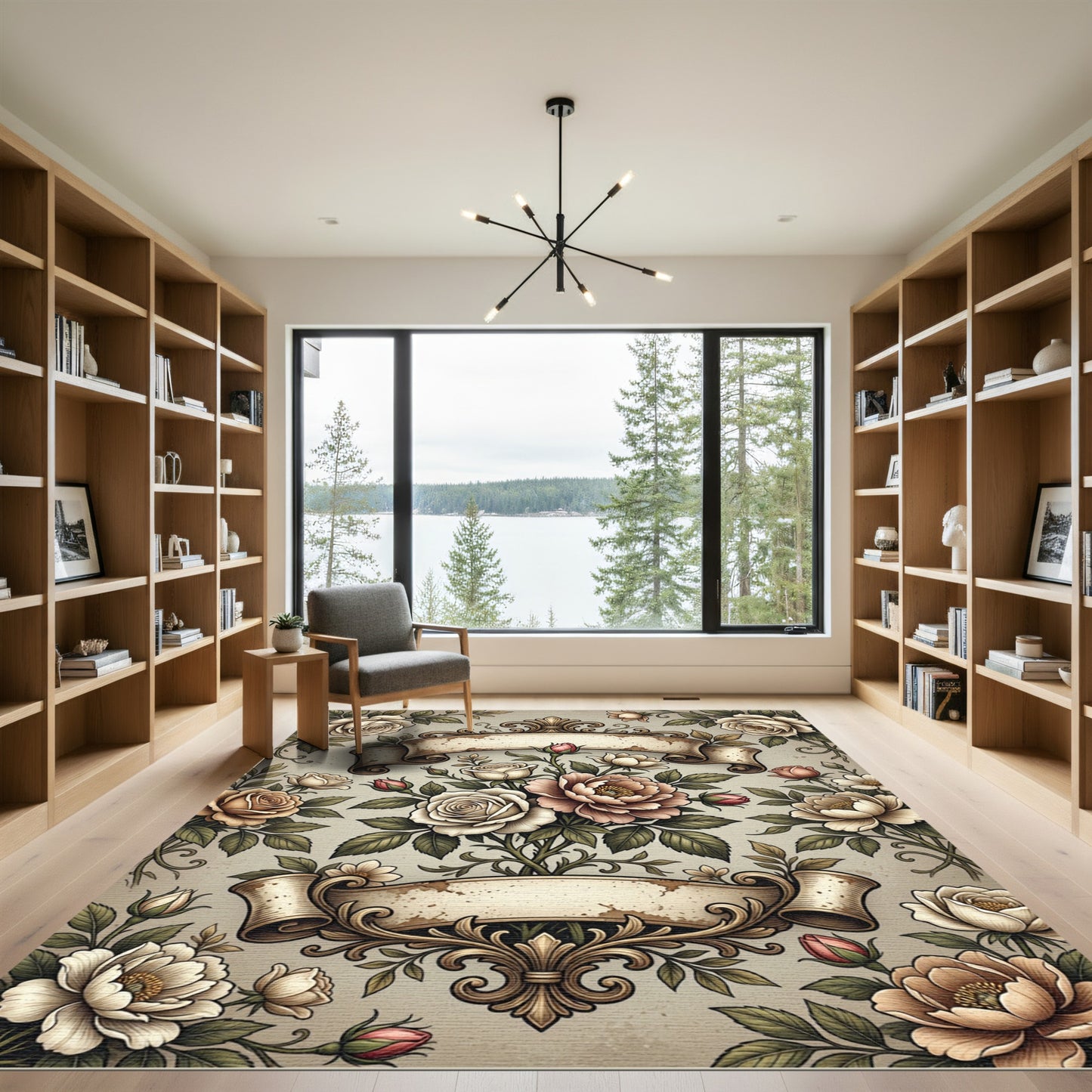 Vintage Floral Rose Scroll Ribbons Rug