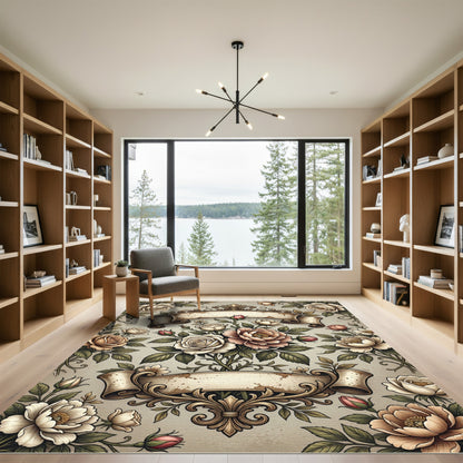 Vintage Floral Rose Scroll Ribbons Rug