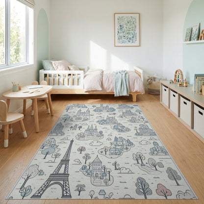 Whimsical Blue Eiffel Tower Castles Rug
