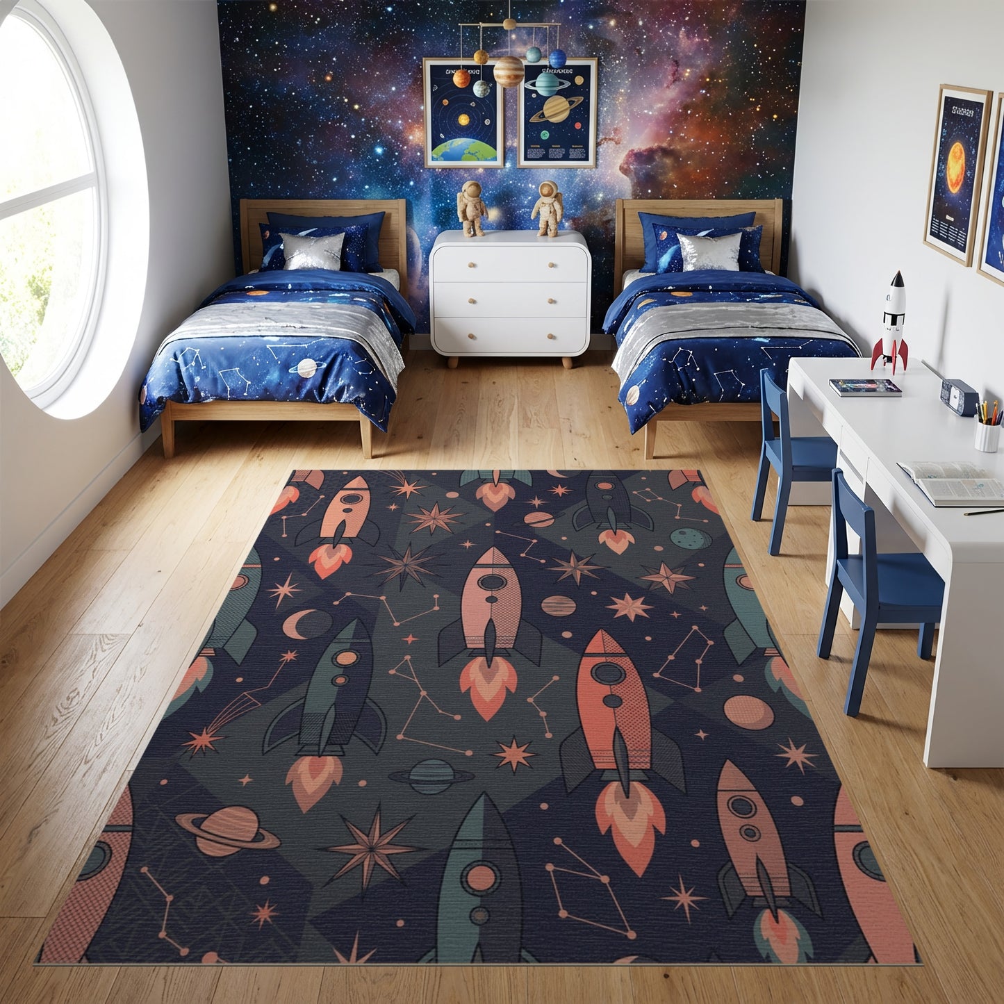 Cosmic Rocket Star Planet Navy Rug