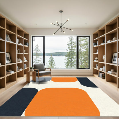 Orange Navy White Geometric Blocks Rug
