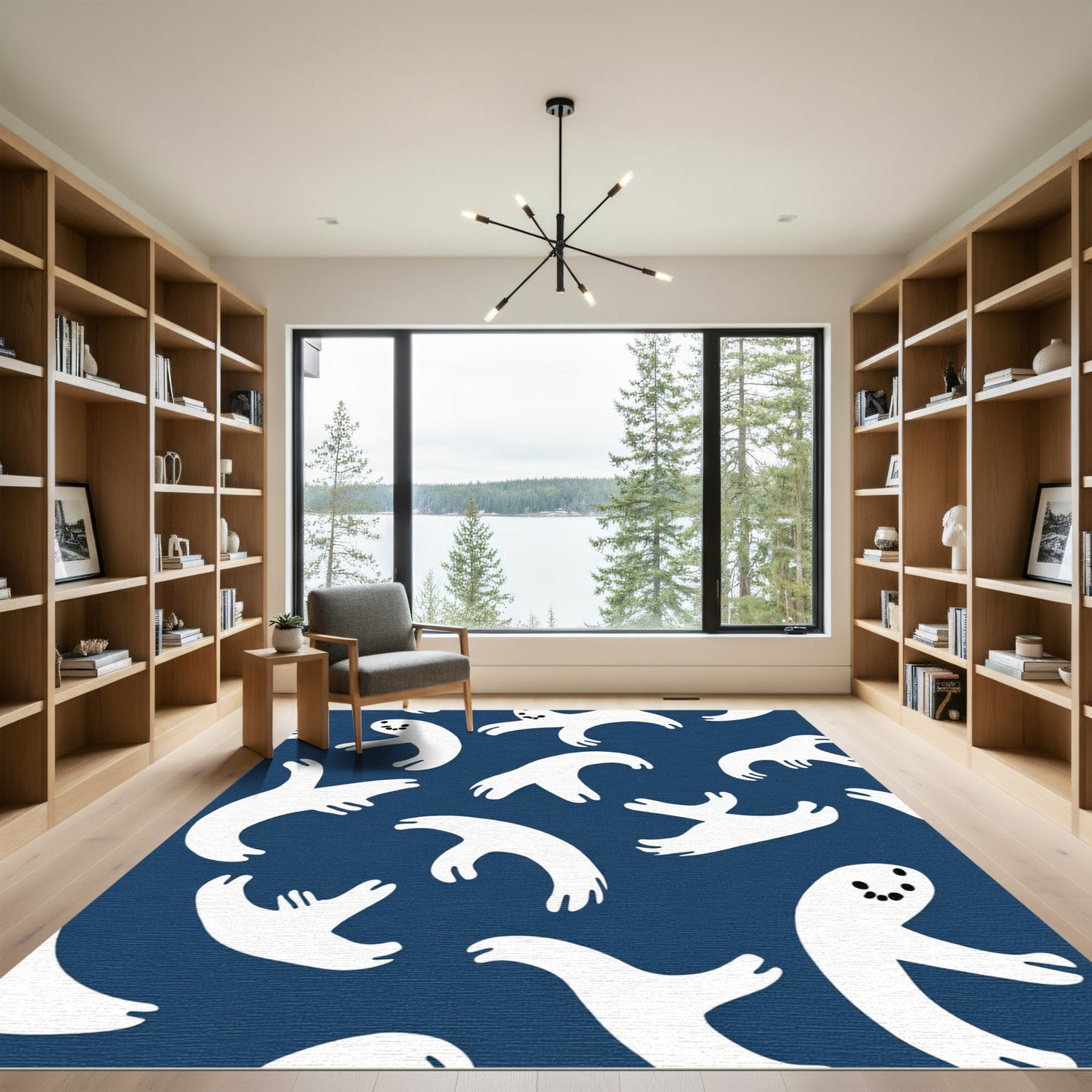 White Spooky Ghost Navy Abstract Rug