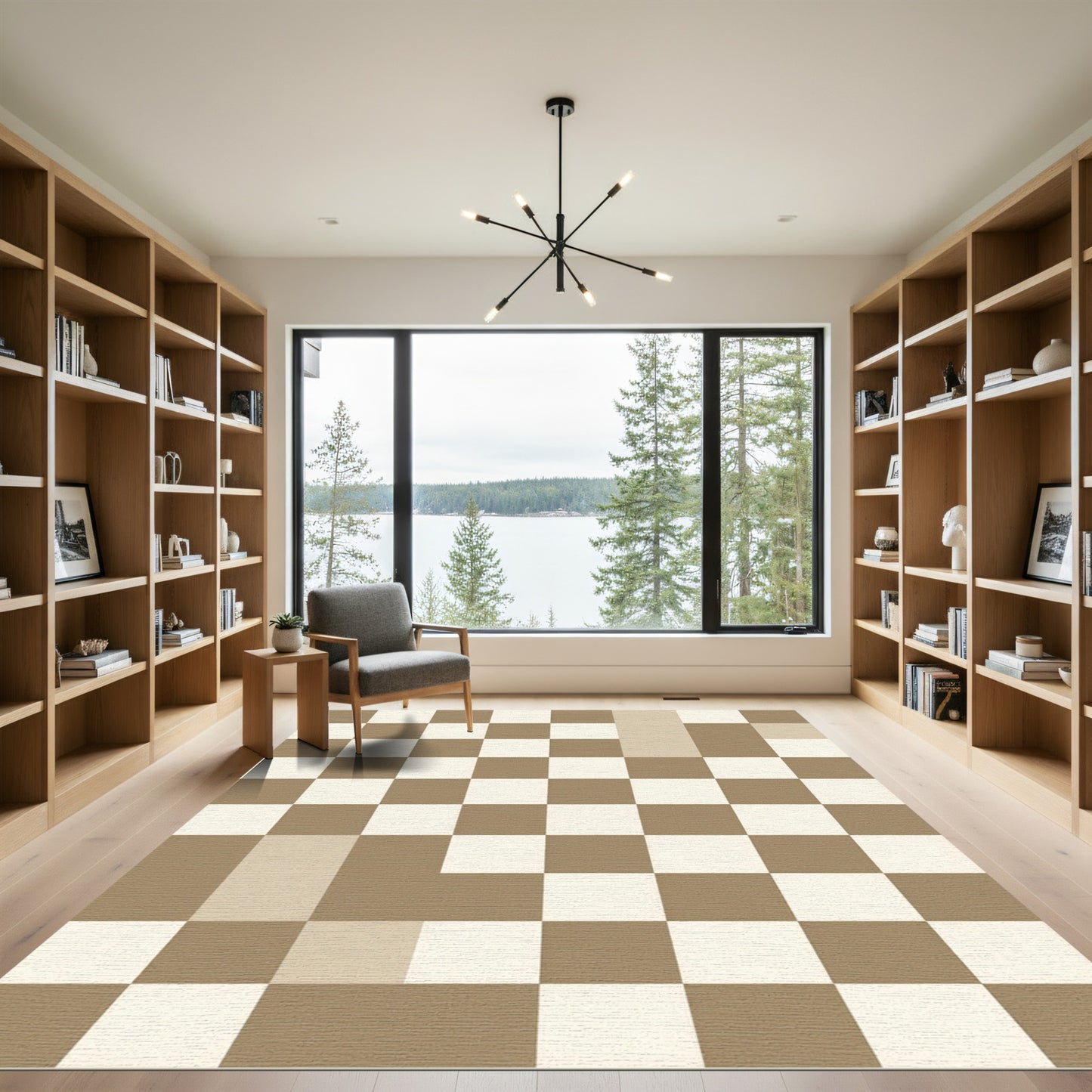 Neutral Brown White Checkerboard Squares Rug