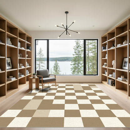 Neutral Brown White Checkerboard Squares Rug