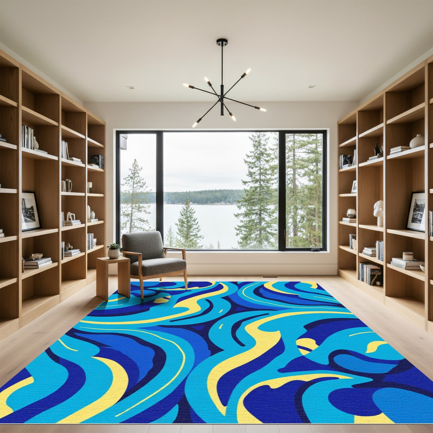 Abstract Blue Yellow Swirl Flow Rug