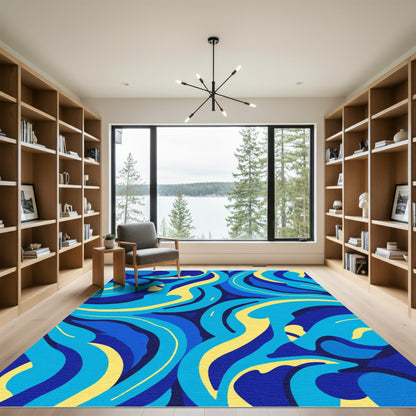 Abstract Blue Yellow Swirl Flow Rug