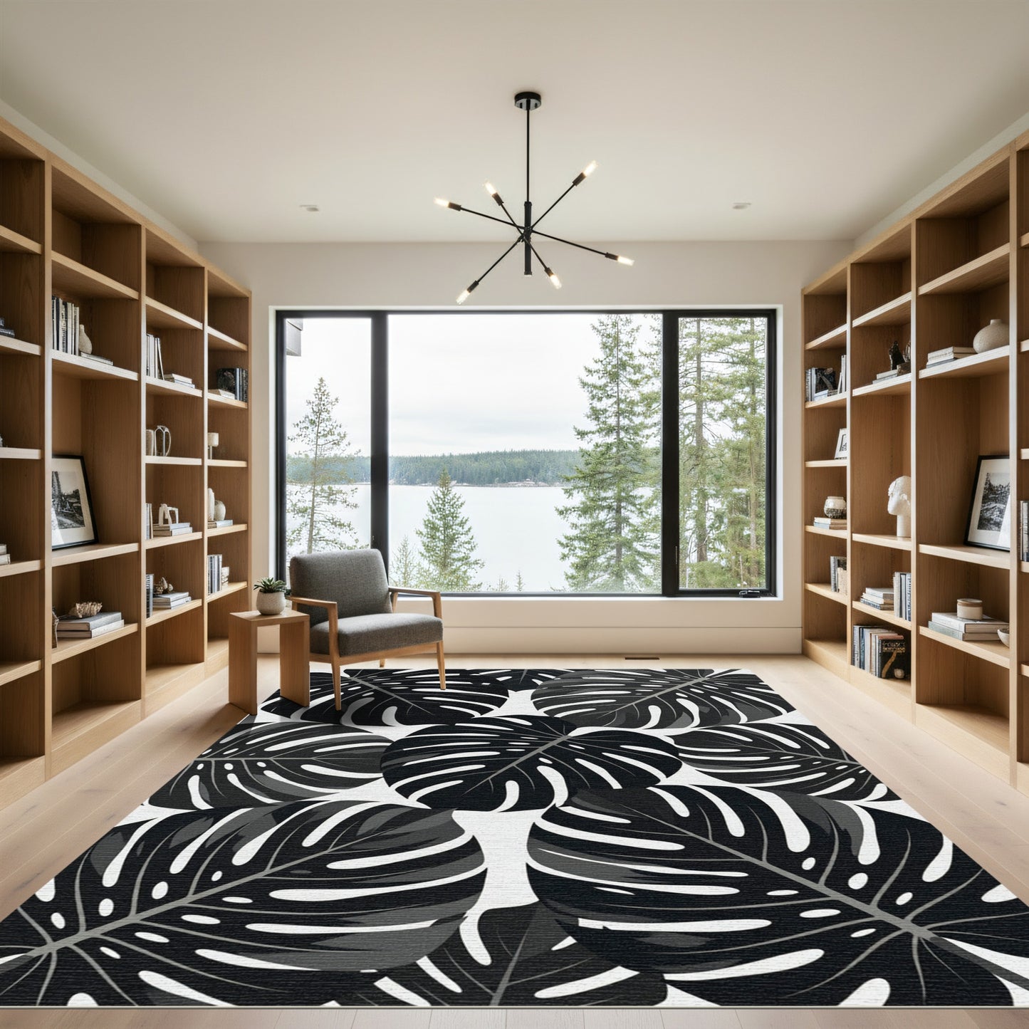 Monstera Leaves Black White Tropical Rug