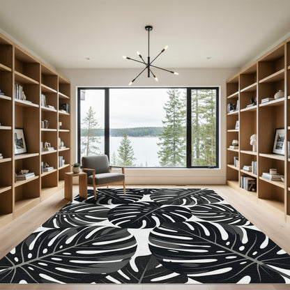 Monstera Leaves Black White Tropical Rug
